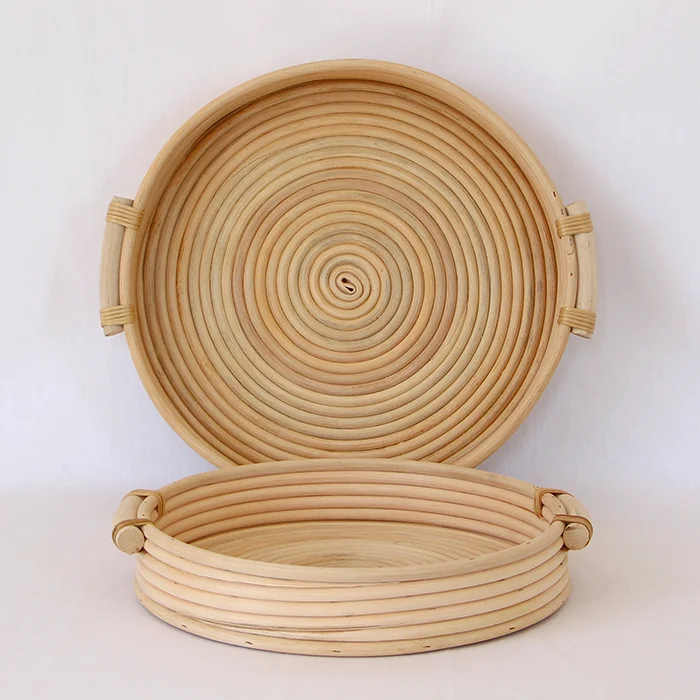 Hot Sale Set Of 2 Round Rattan tray With Handle Coffee table Serving Tray for Table Handwoven Basket for Breakfast Wholesale