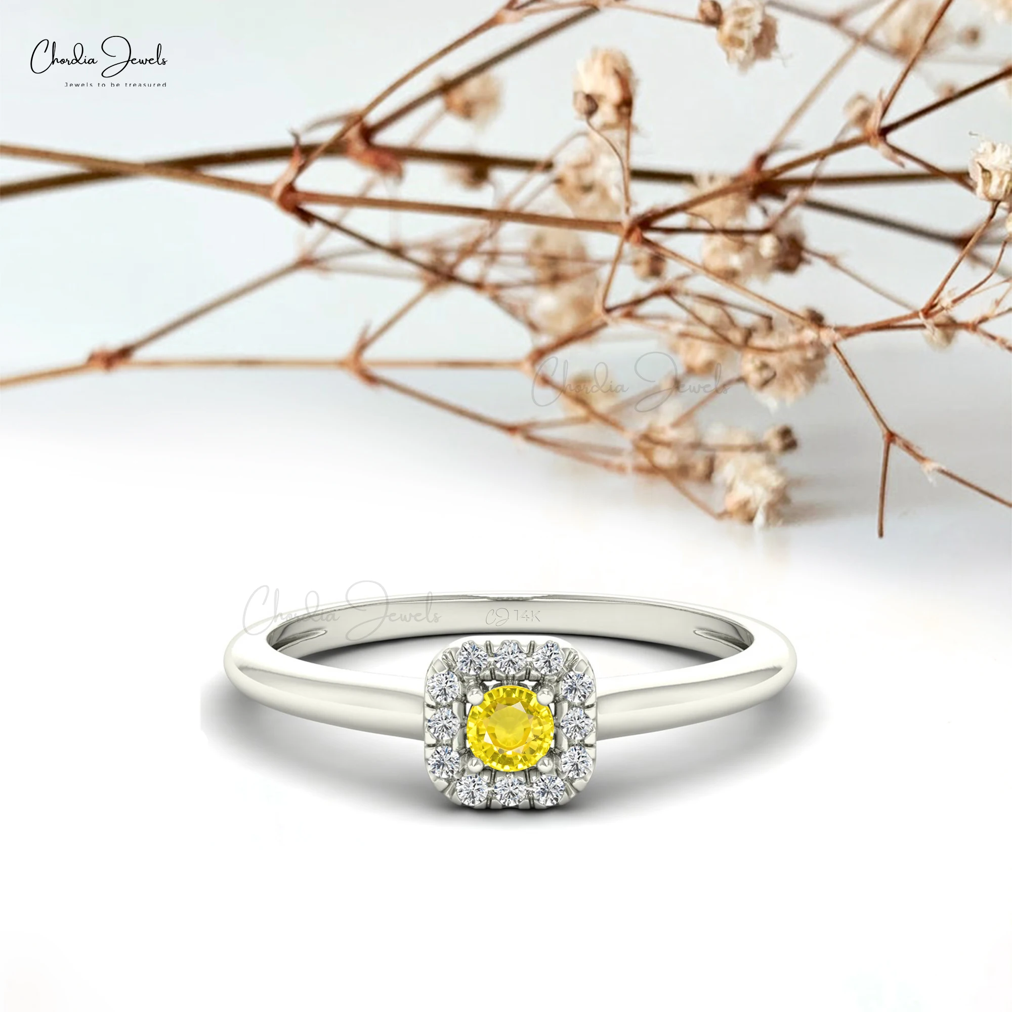 0.13 Carat Yellow Sapphire Round Cut Gemstone Ring for Wedding 14K Solid Gold Jewelry 1MM Round Cut Natural White Diamond Ring