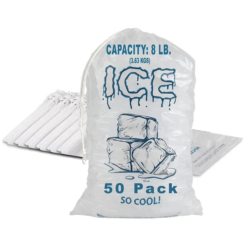 Custom Printed Logo Large Capacity Disposable LDPE 8/10/20 LB Plastic Drawstring Ice Bag