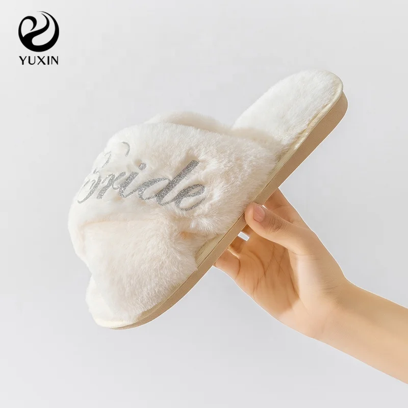 Fluffy Bride Slippers Fall Cross Fluffy Slipper Bridesmaid Gift Slipper for Women Bachelorette Party Gift