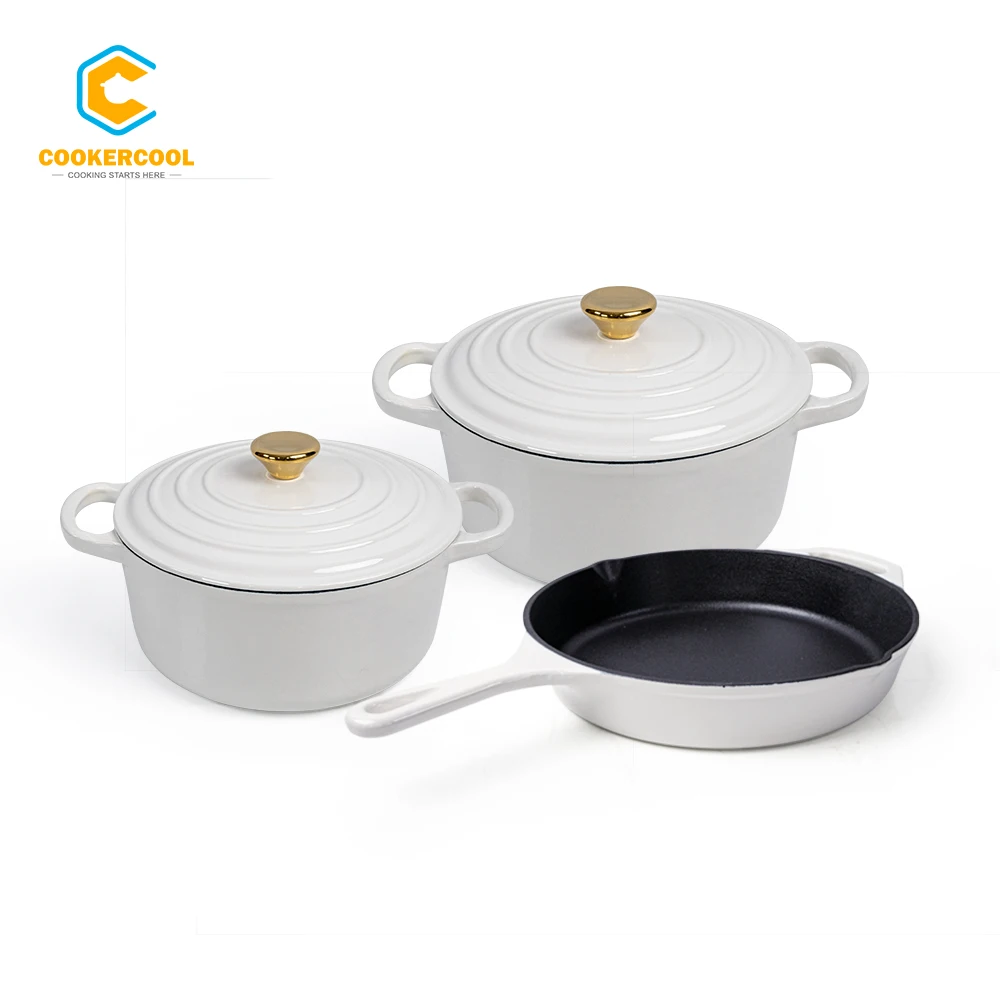 Cookercool 3 pieces Kitchen ware Heavy Duty Cast Iron White Enamel Pots and Pans Set Nonstcik Cookware