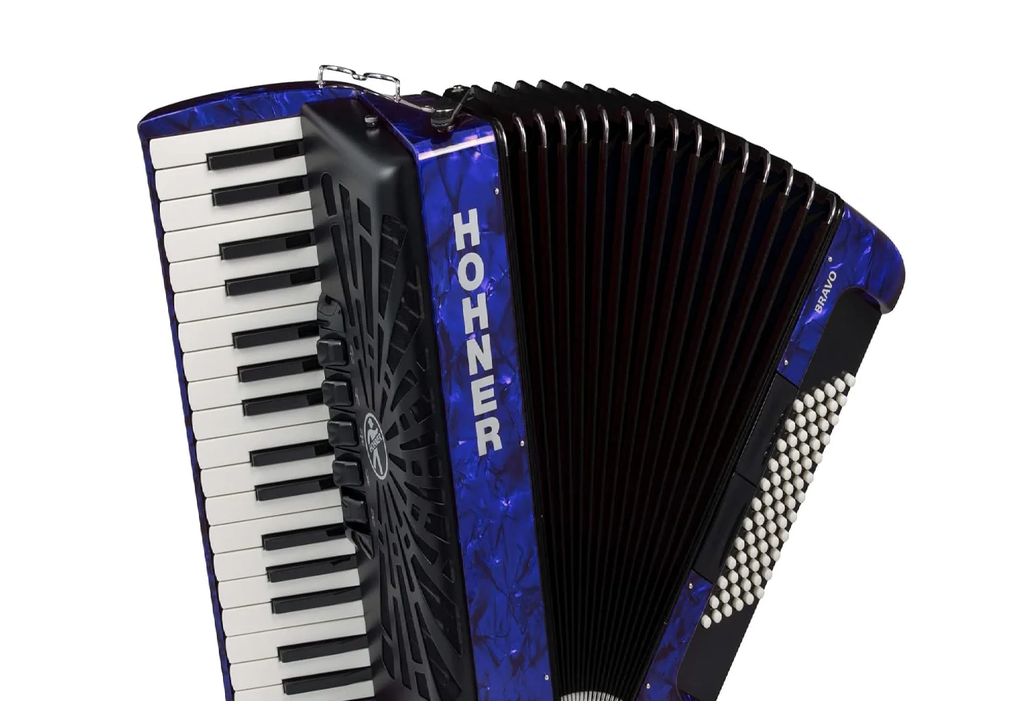 Affordable New Bravo-III 72 Chromatic Piano Key Accordion Pearl Dark Blue For Sale