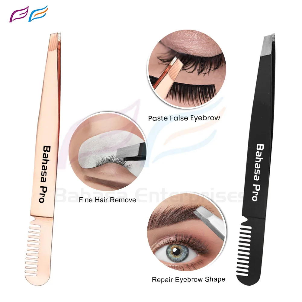 Professional Stainless Steel Eyebrow Tweezers Private Label Black Slanted Manicure Tools from Pakistan High Quantity