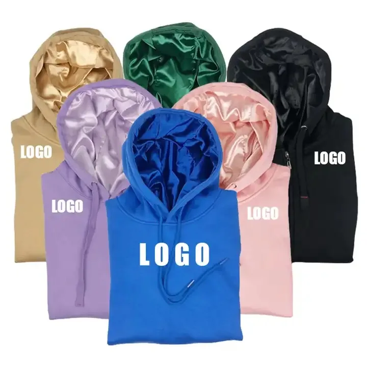 2024 New design custom your own logo blank pullover satin silk lined hoodies cheap casual unisex hoodies with satin hood