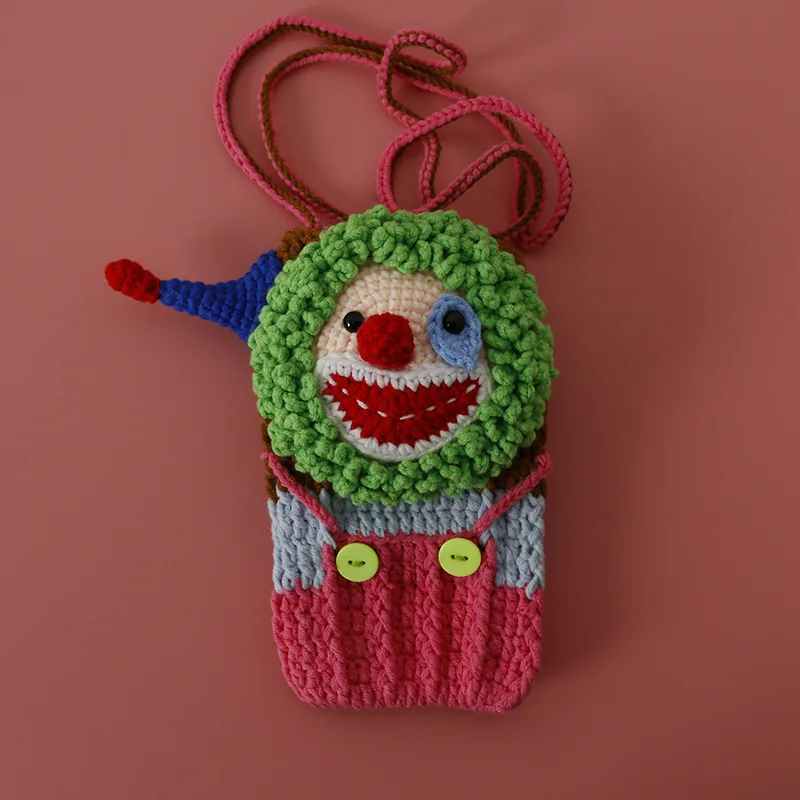 Crochet Clown Phone Case Shoulder Bag Crochet Woven Handbag Hand Knitted Animal Phone Holder Bag Purse Handbag for Sale