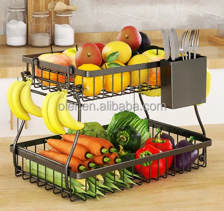 Countertop Organizer Fruit -And-Vegetable-Basket-Display-Stand Metal Wire Fruit Bowl Kitchen 2-Tier Fruit Storage Basket