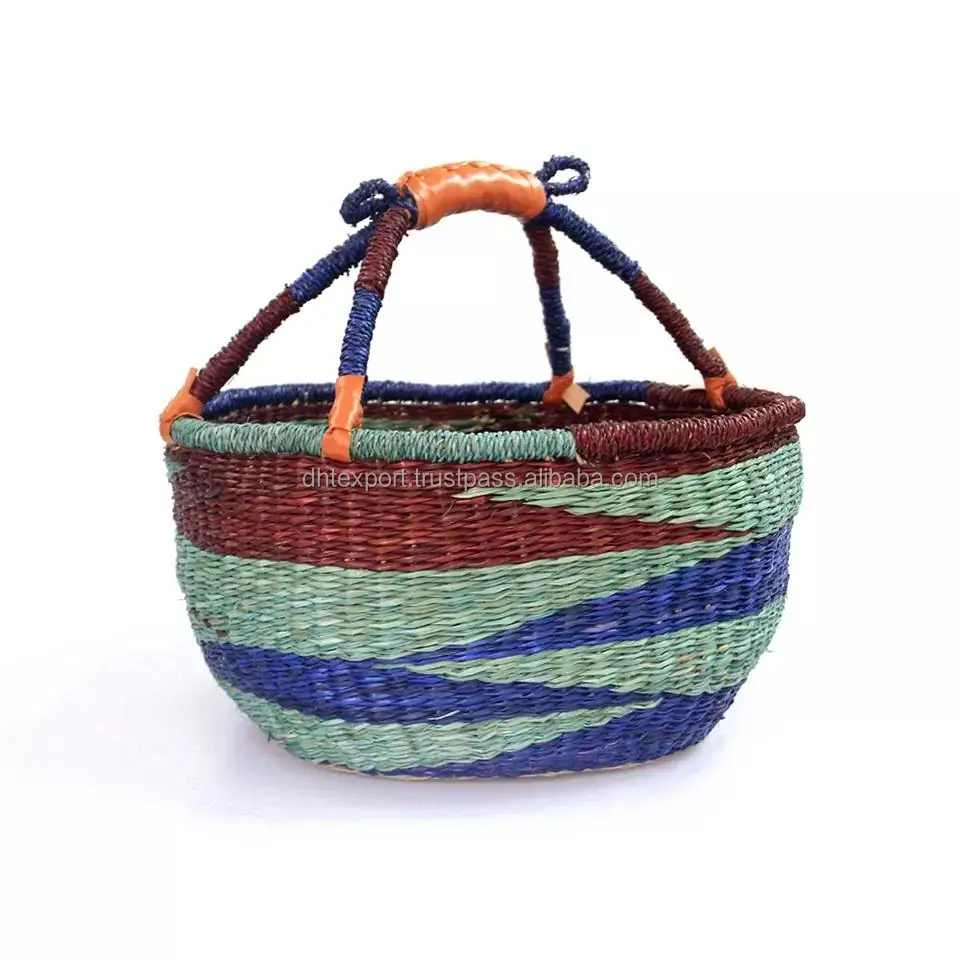 Colorful seagrass bolga basket bags woven handmade storage carry bag baskets for shopping wholesale