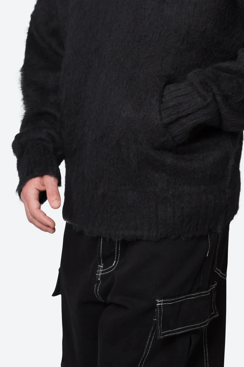 2024 Wholesale Customized Mohair Black Hoodie Unisex Custom Knitwear Winter Knit Hoodie Women Men Mohair