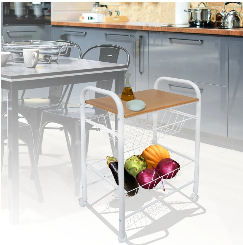 MDF Table Top Metal Wire Basket Stand Rack Cart Storage Kitchen Cart Trolley 3 Tier Hair Salon Trolley