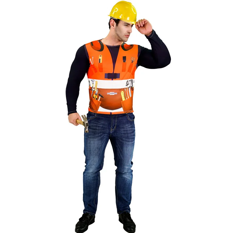 Adults Man Halloween Costume, Cowboy Fireman Pirate Savage Worker T Shirt Outfit, Career Style Top for Men Carnival Dress Up