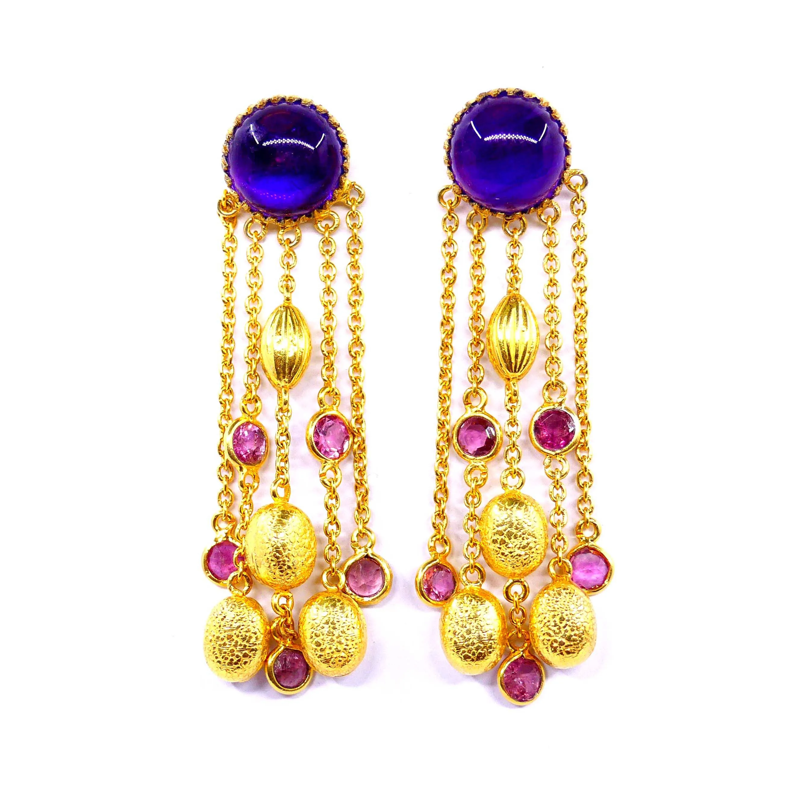 Party Wear Sterling Silver 925 Amethyst Pink Tourmaline Gemstone Dangler Women Wear Hanging Chain Earrings