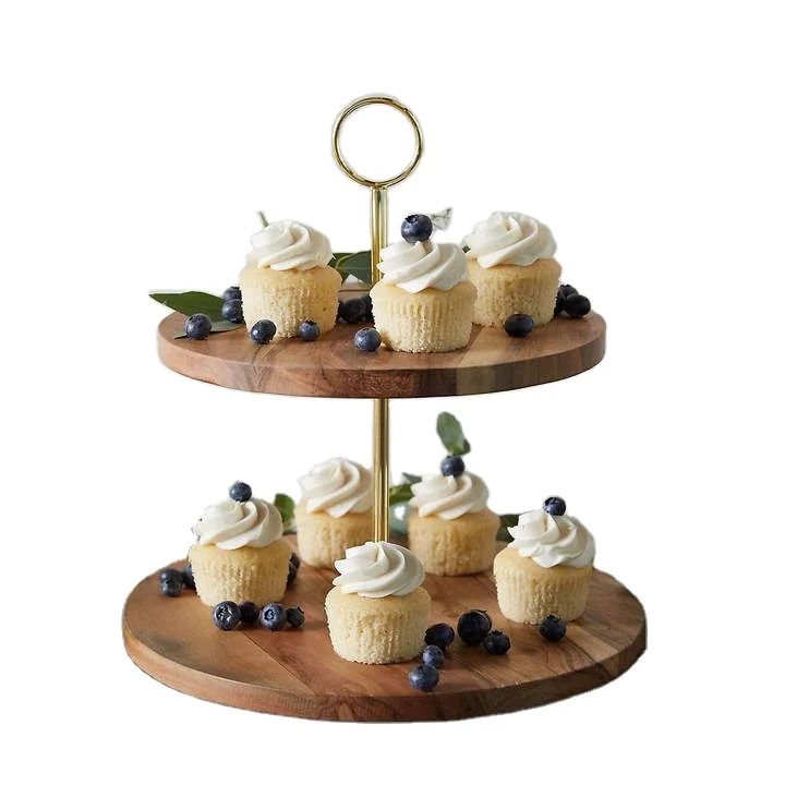 Elegant Wholesale Beautiful Design Mango Wood And Metal Dessert Buffet Display Tower Holder 2-Tier Cake Stand For Cupcakes