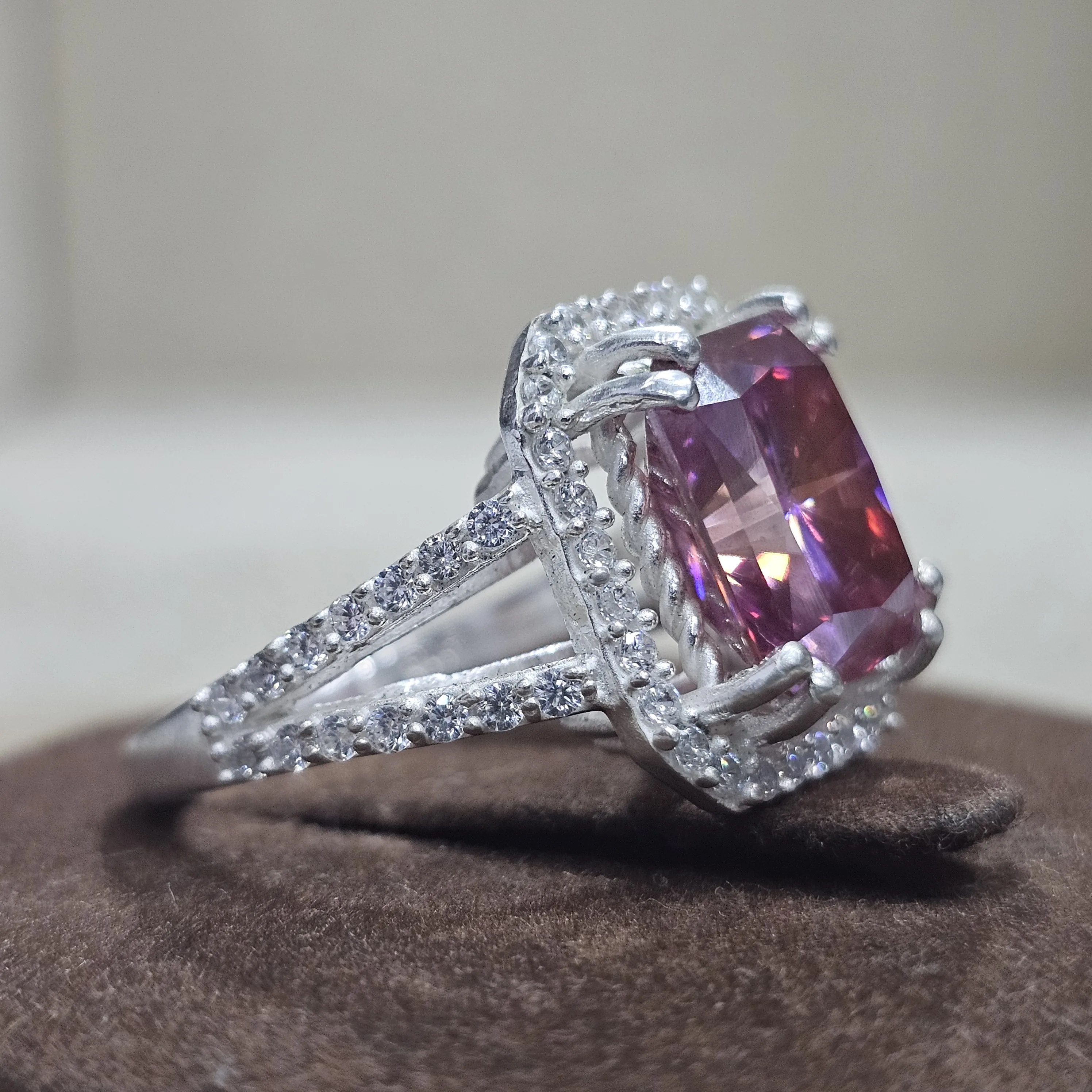 925 Sterling Silver Excellent Quality Handmade Designer Latest Trendy Ring With Radiant Shape Nice Cut Pink Moissanite Gemstone