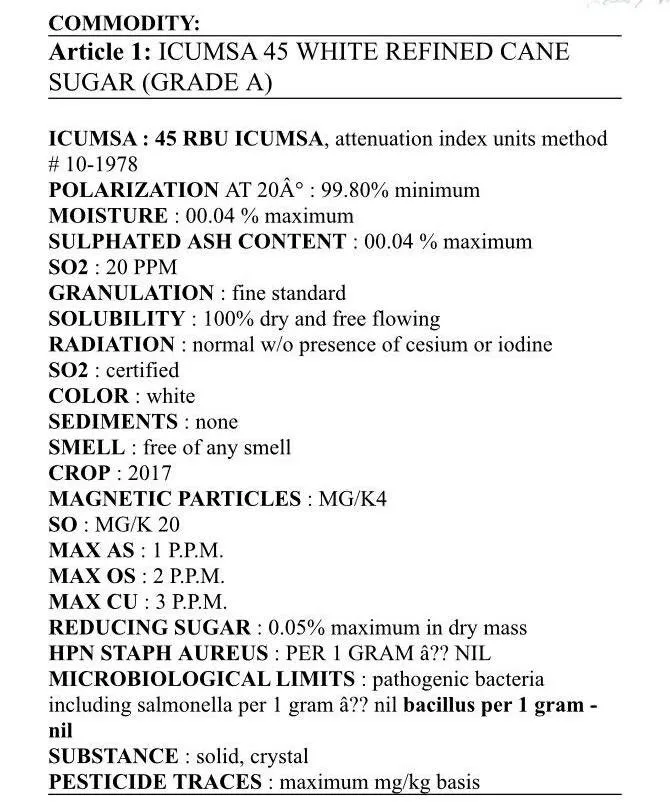 ICUMSA 45 White Refined Sugar Grade A