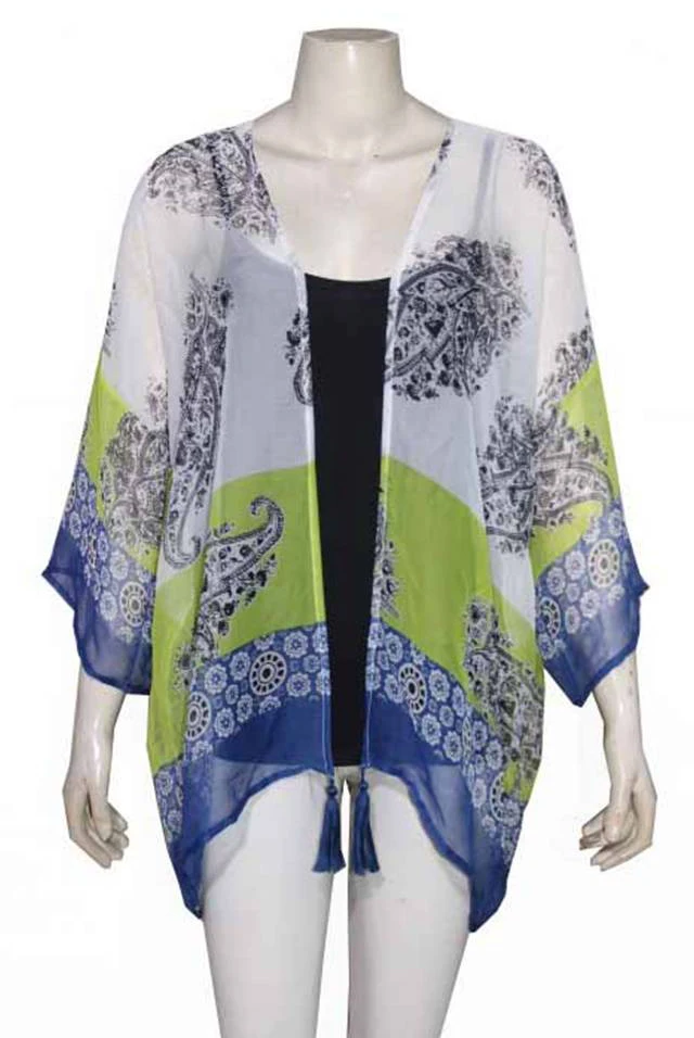 Ladies Kimono Robe Luxury Long Sleeve Sexy Women Robs Femme 100% poly chiffon tassel embellishment print front open kimono wrap