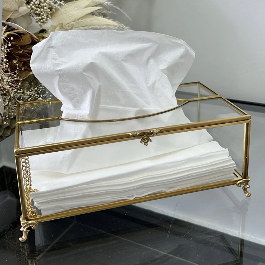 Luxury Glass Tissue Box with Gold Brass Framing Elegant European Decorative Glass Napkin Dispenser Box