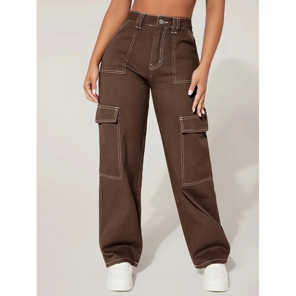 Fashion Women Denim Trouser Loose Cargo Pants Korean Jeans Pockets Patchwork Baggy Jeans