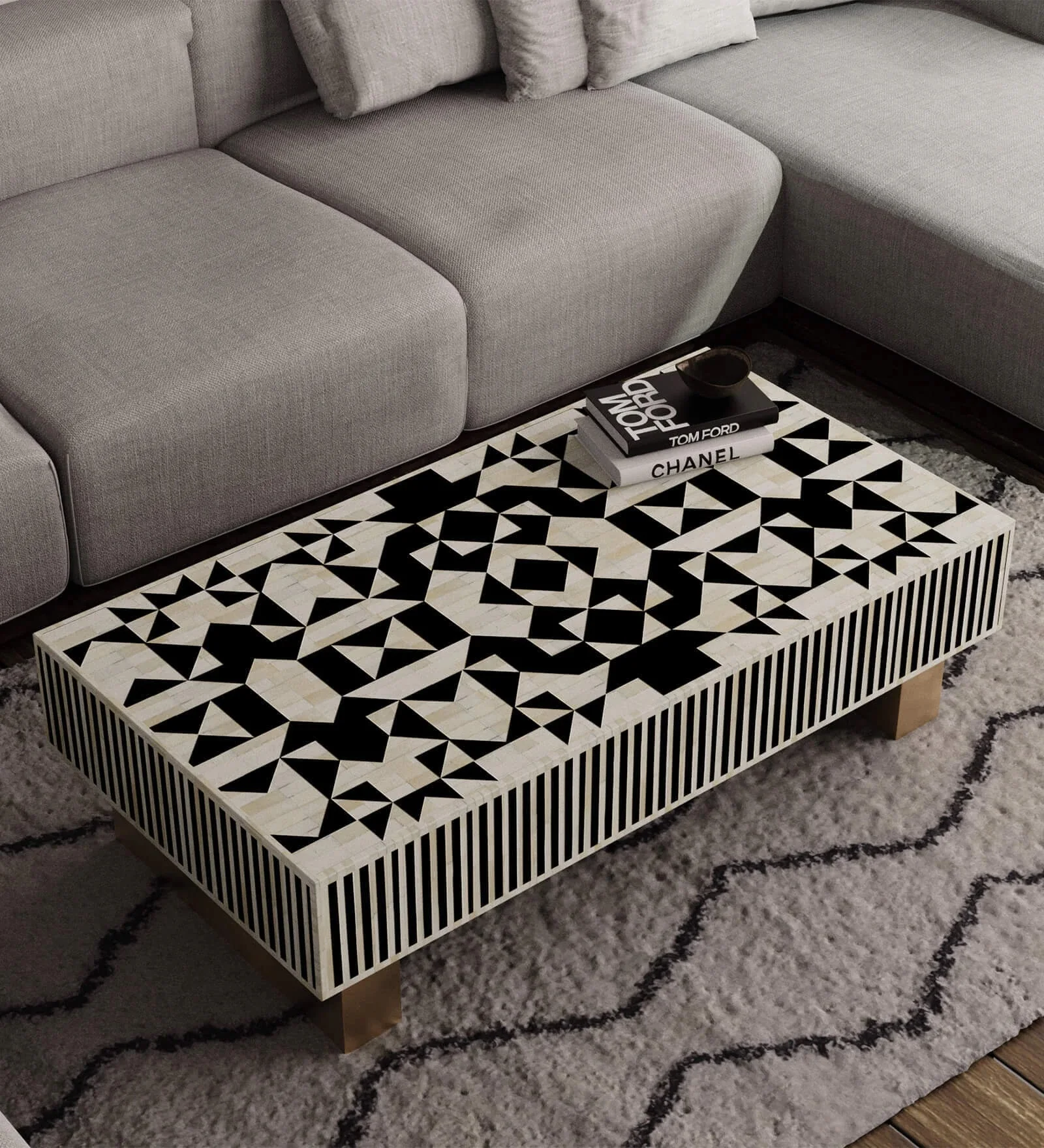 Modern Rectangle Bone Inlay Coffee Table Black & White Solid Wood Set for Living Room & Bedroom Decorative Bone Inlay Design
