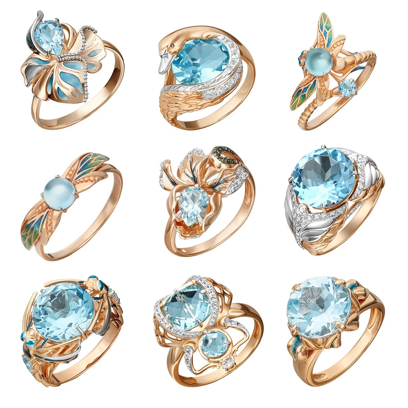 Stylish Unique Design Ring 14K Solid Rose Yellow White Gold Topaz White Topaz ChromDiopside Enamel Custom Jewelry OEM ODM