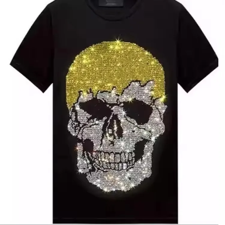 Summer Wear Collection Custom Your Logo Design Silver Stones Glue Crew Neck Short Sleeves Rhinestone T-Shirt