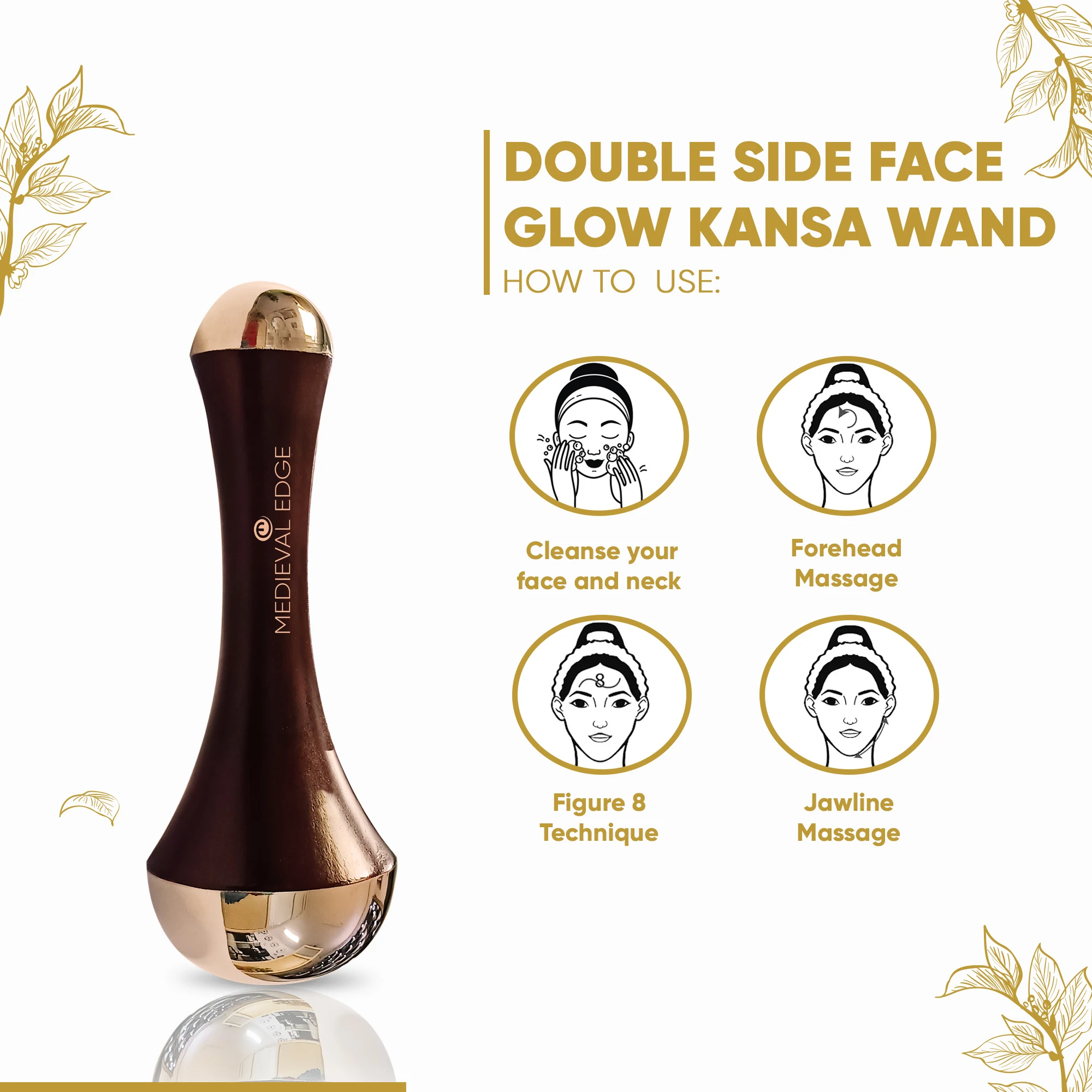 100% Pure Ayurvedic Double-Side Dark Brown Kansa Wand Face Massager Tool For Acupressure Massager With Teak Wood Handle