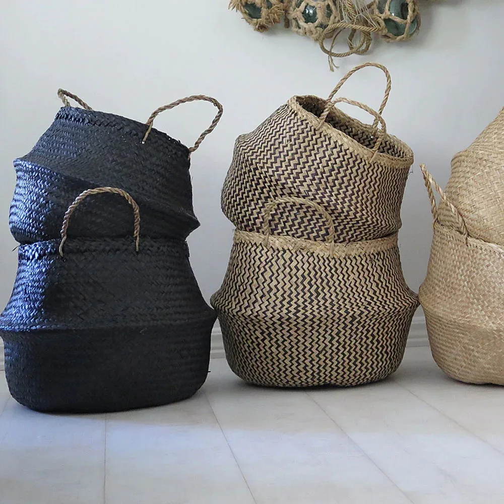 Ecofriendly hand woven seagrass storage baskets black zigzag belly foldable basket made in Vietnam