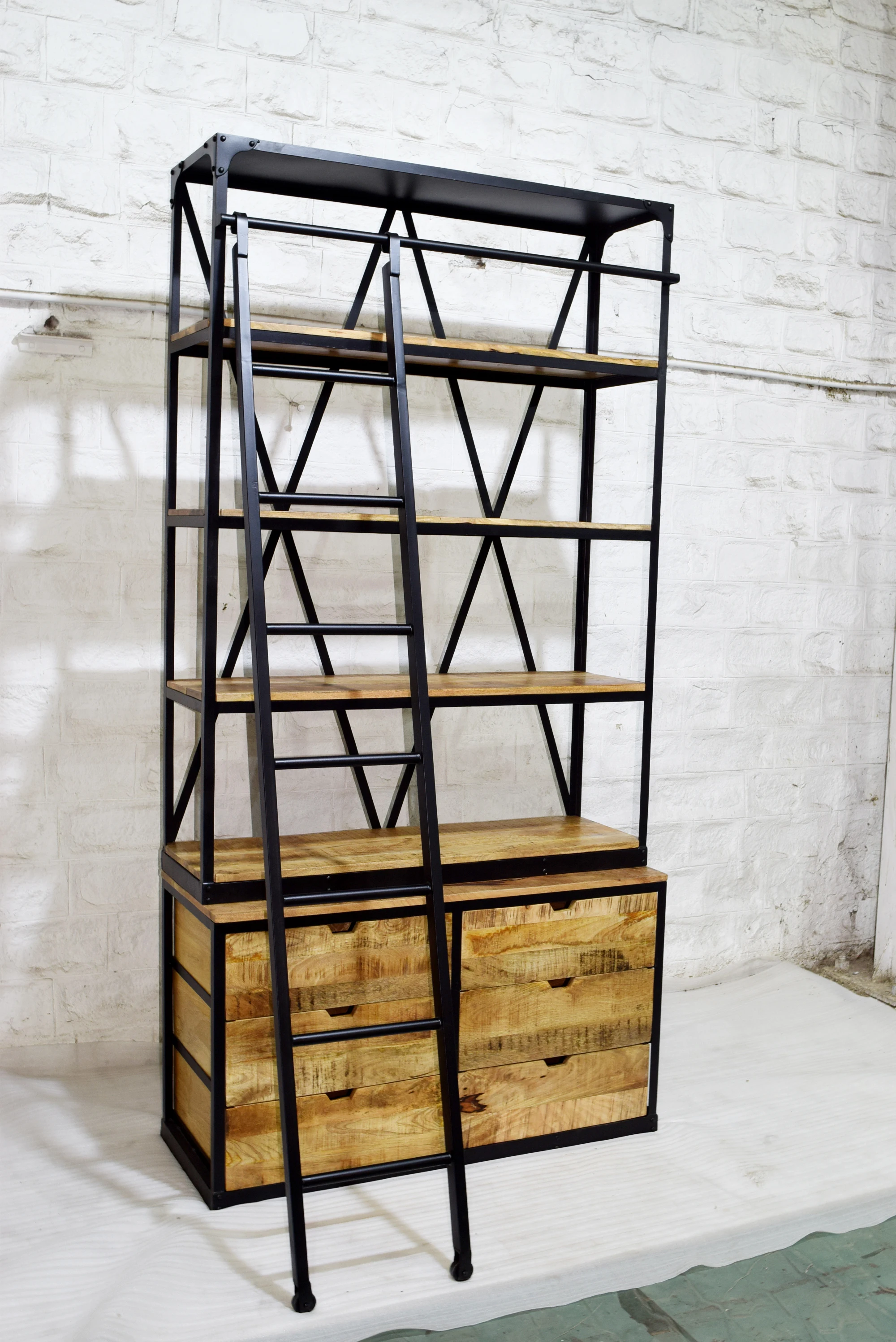 Best Selling Modern Vintage Industrial Design Double Part Bookshelf with Ladder Drawer Storage Bookcase for Home Living Room