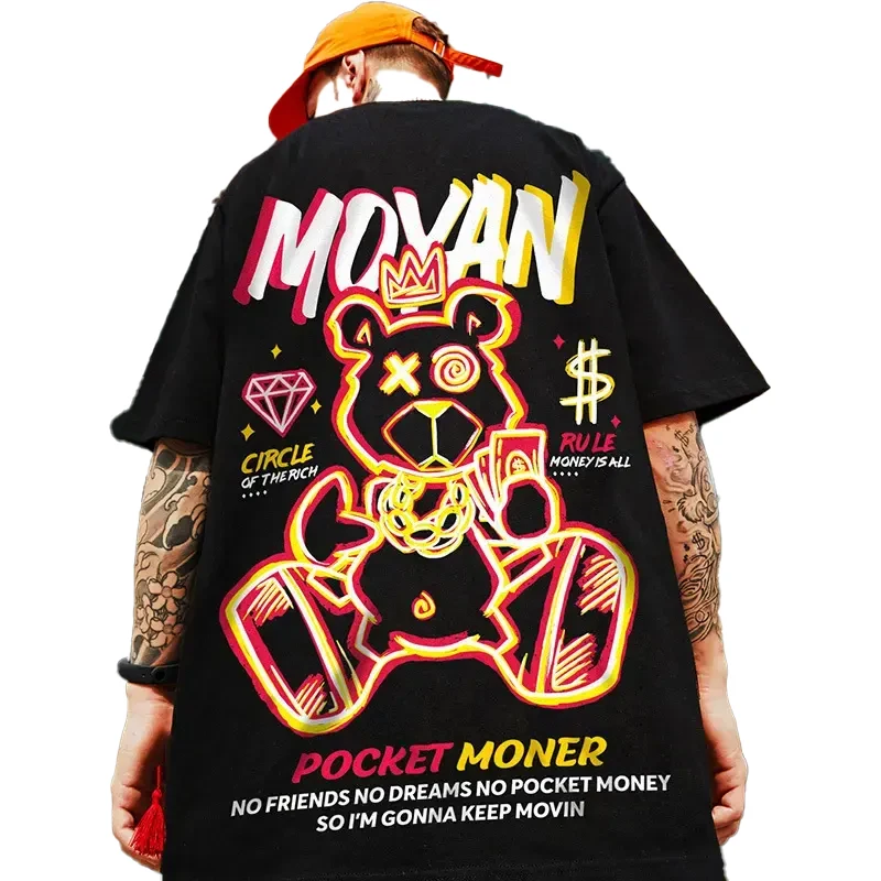 2023 custom Design Summer  print t shirts loose Fashion Bear screen Printing Trendy National anime oversized  T shirt