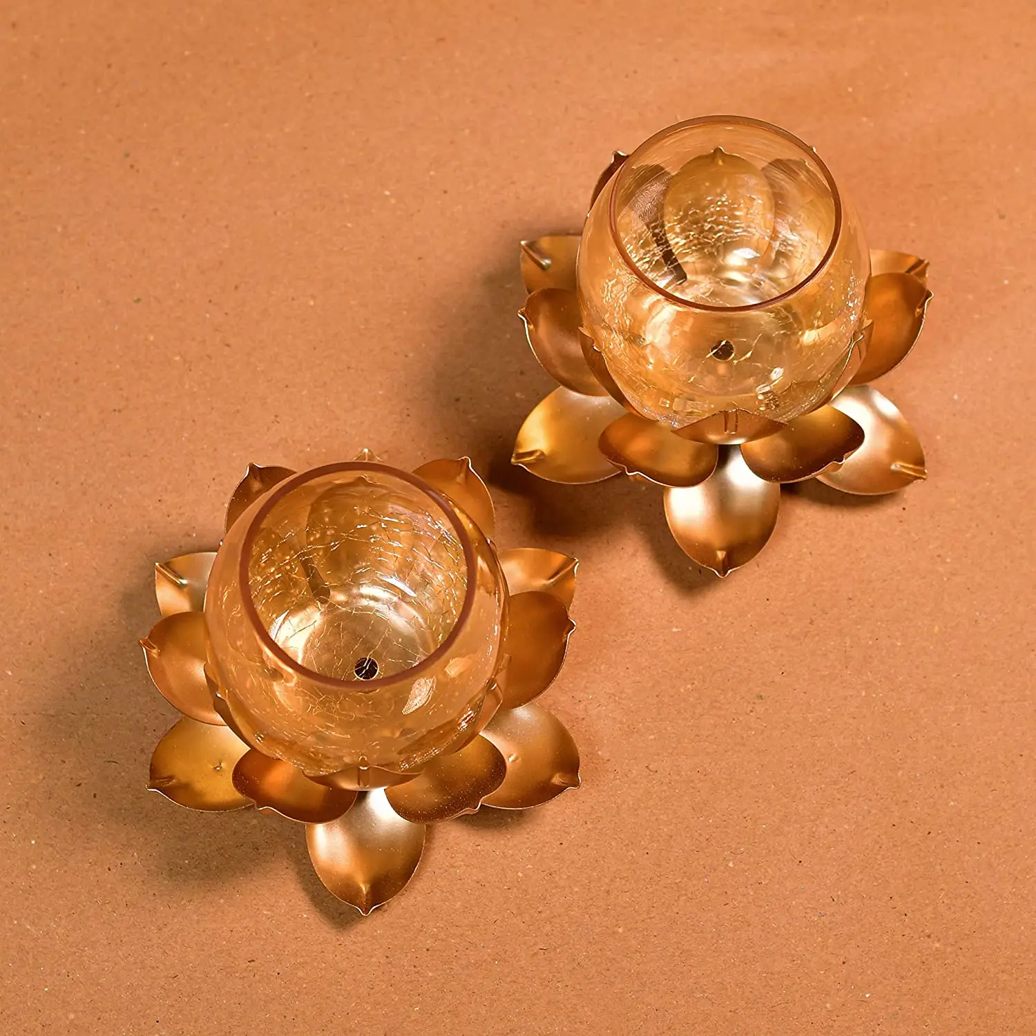 Brass Metal Lotus Flower Shape Candle Tealight Holder with Crackled Glass Cover Candlestick Pack Of 2 BY KSN