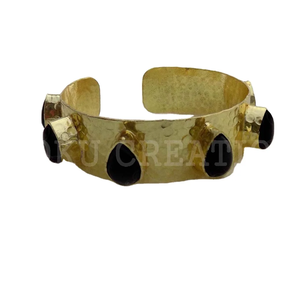 Unique design trendy Gold plated Designer Handmade Black Onyx Gemstone Big Statement Cuff and Bangle  SKU6684