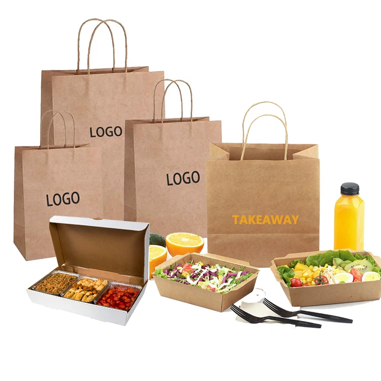 Shopping Grocery Brown And White Kraft Paper Bag With Handles Custom Logo And Color Eco Friendly