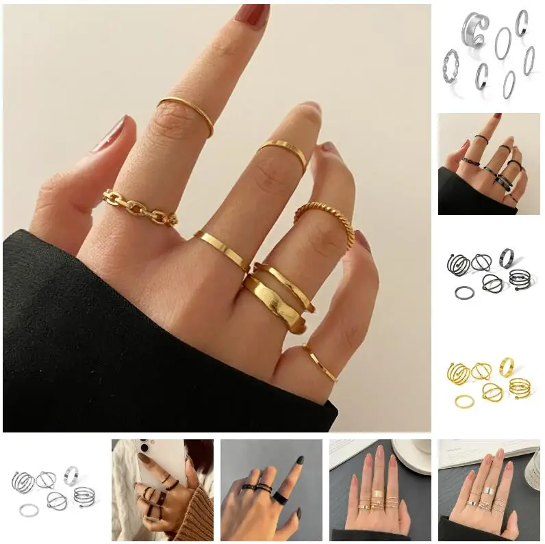 Metal Gold Color Rings Set Trendy Green Crystal Stone Ring For Women Fashion Bohemian silver Color Animal Snake Rings Jewelry