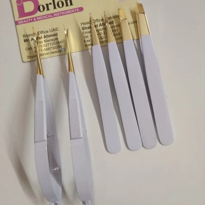 Professional Wholesale Cheapest Price Best Selling White Powder Coated With Gold Plated Tips Slanted Pointed Eyebrow Tweezer