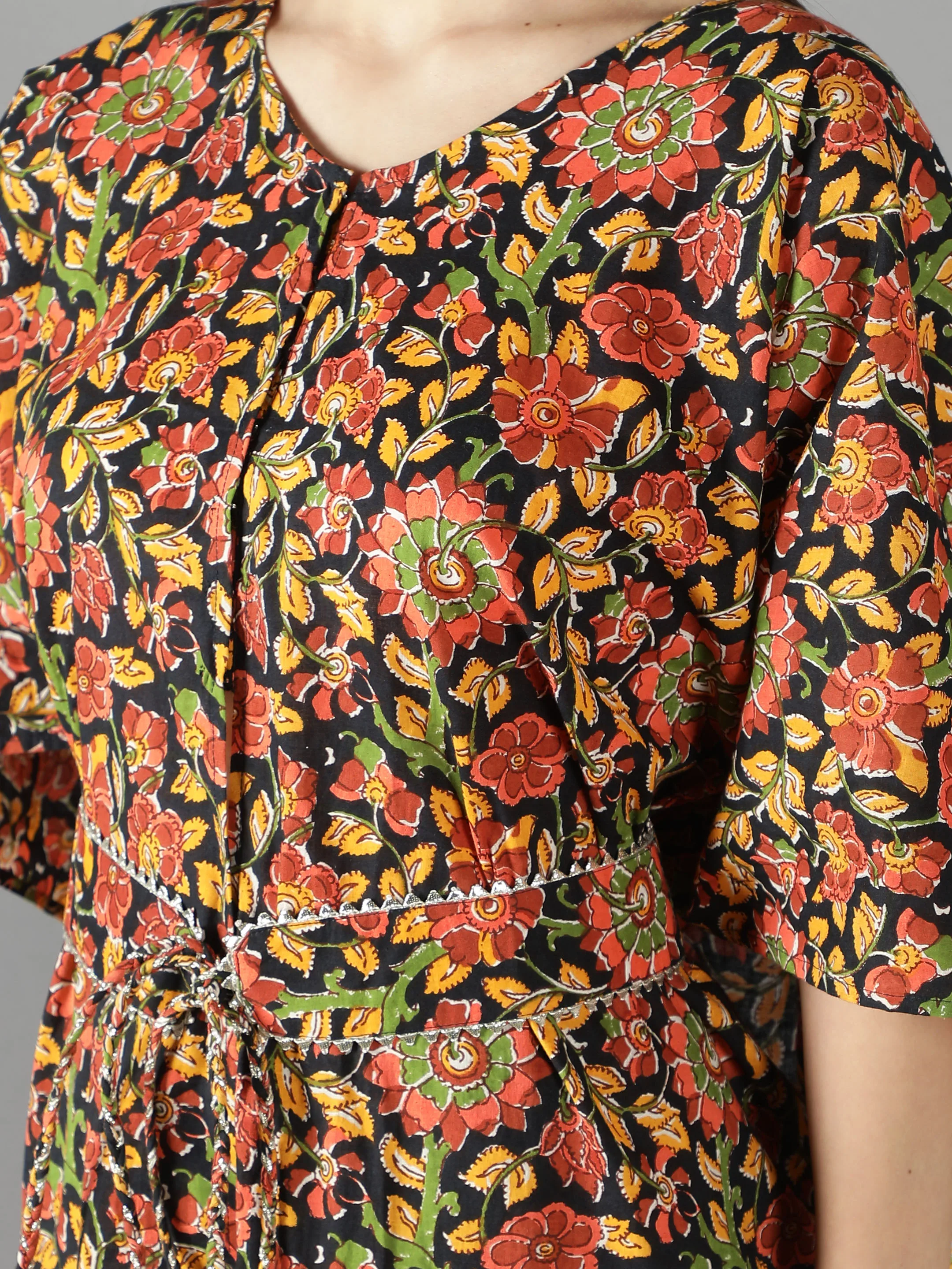 Evening Blue Handblock Floral Print Kaftan kurta with Gota Detailing Belt and Geomtery Print Pant Summer Women Kurta Sets