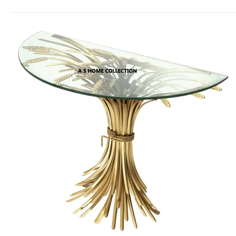 Half Round Metal Decorative Luxury Golden Color Home Living Glass Top Console Table