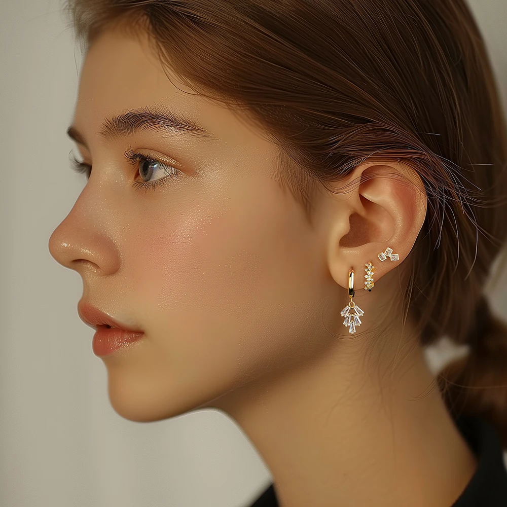 Fancy S925 Fine Jewelry Statement Rectangular Zircon Geometric Dangle Drop Stud Hoop Earrings Sets for Women