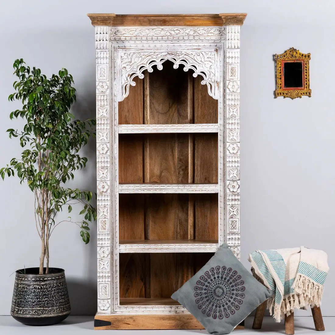 Indian Antique Style Reclaimed Wood Living Room Furniture Four Shelves Carved Bookcase