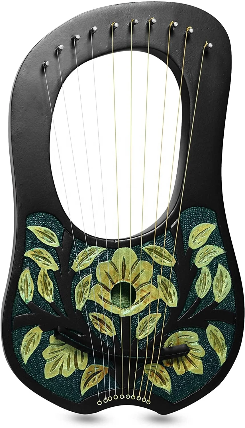 10 Metal Strings lyre harp Engraved Floral Golden/Green Design tuning key Carrying bag