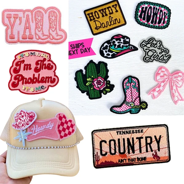 Custom Embroidered Chenille Letter Puff Embroidery Sequin  Fabric Cute Patch Western Small Iron on Hat Patches for Trucker Hats