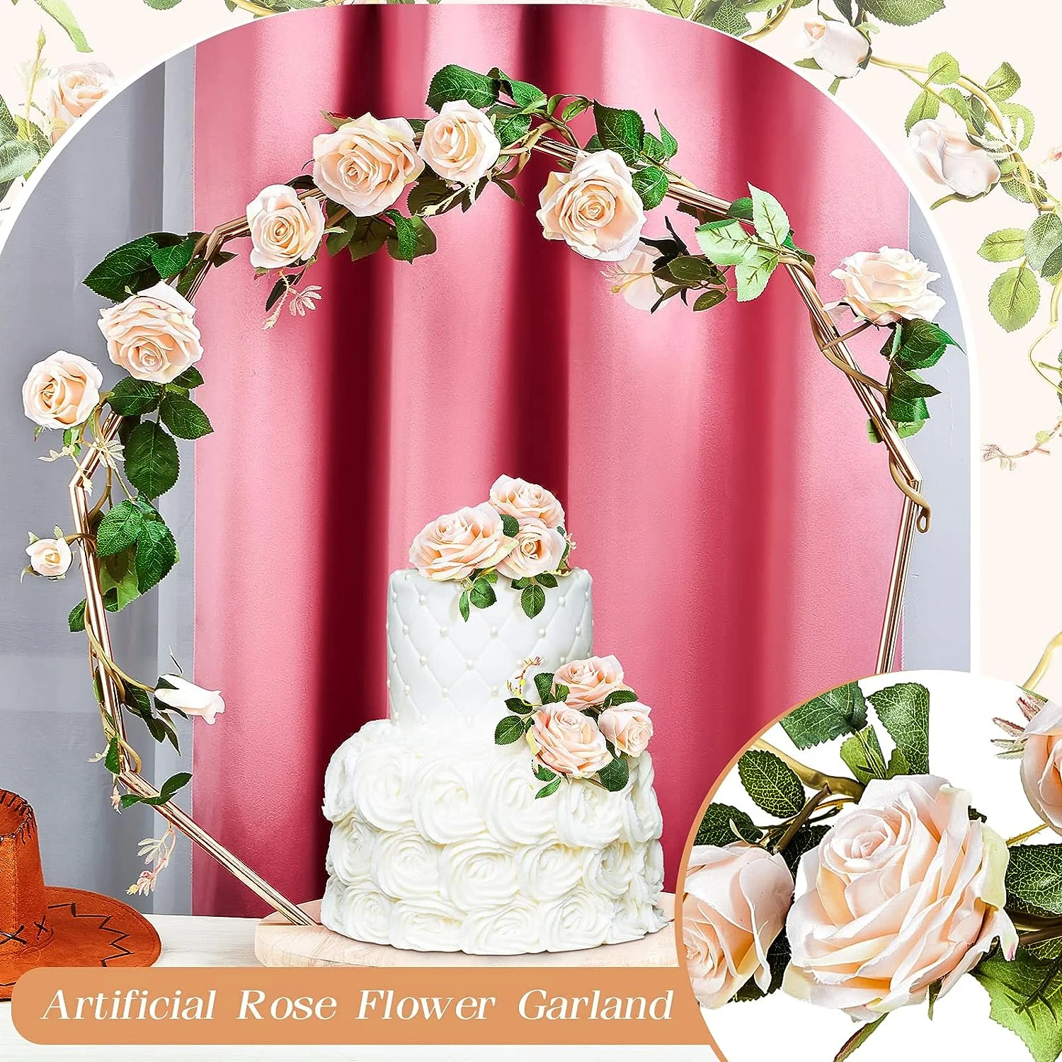 Chunlei OEM Puesto de pasteles Wedding Arch Cake Stand with Artificial Pink Rose Garland Geometric Gold Wedding Cake Stand