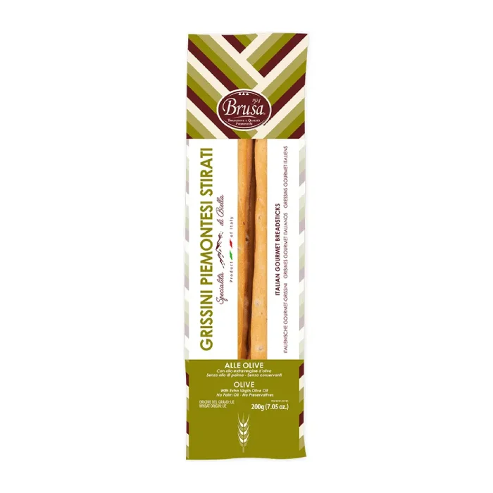 Made in Italy long artisanal green olives breadsticks handmade gourmet high quality snack in bag 200g for happy hour