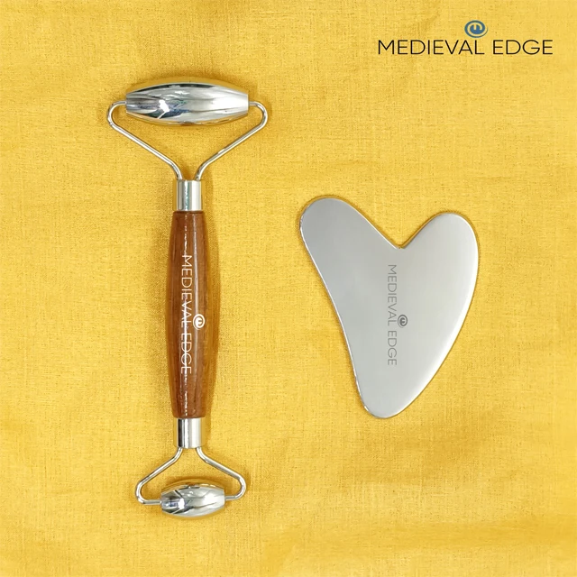 Best Quality OEM Private Label Gua Sha Facial Glowing Massager Roller Stainless Steel Heart Shape Manual Body Neck Massager Wood