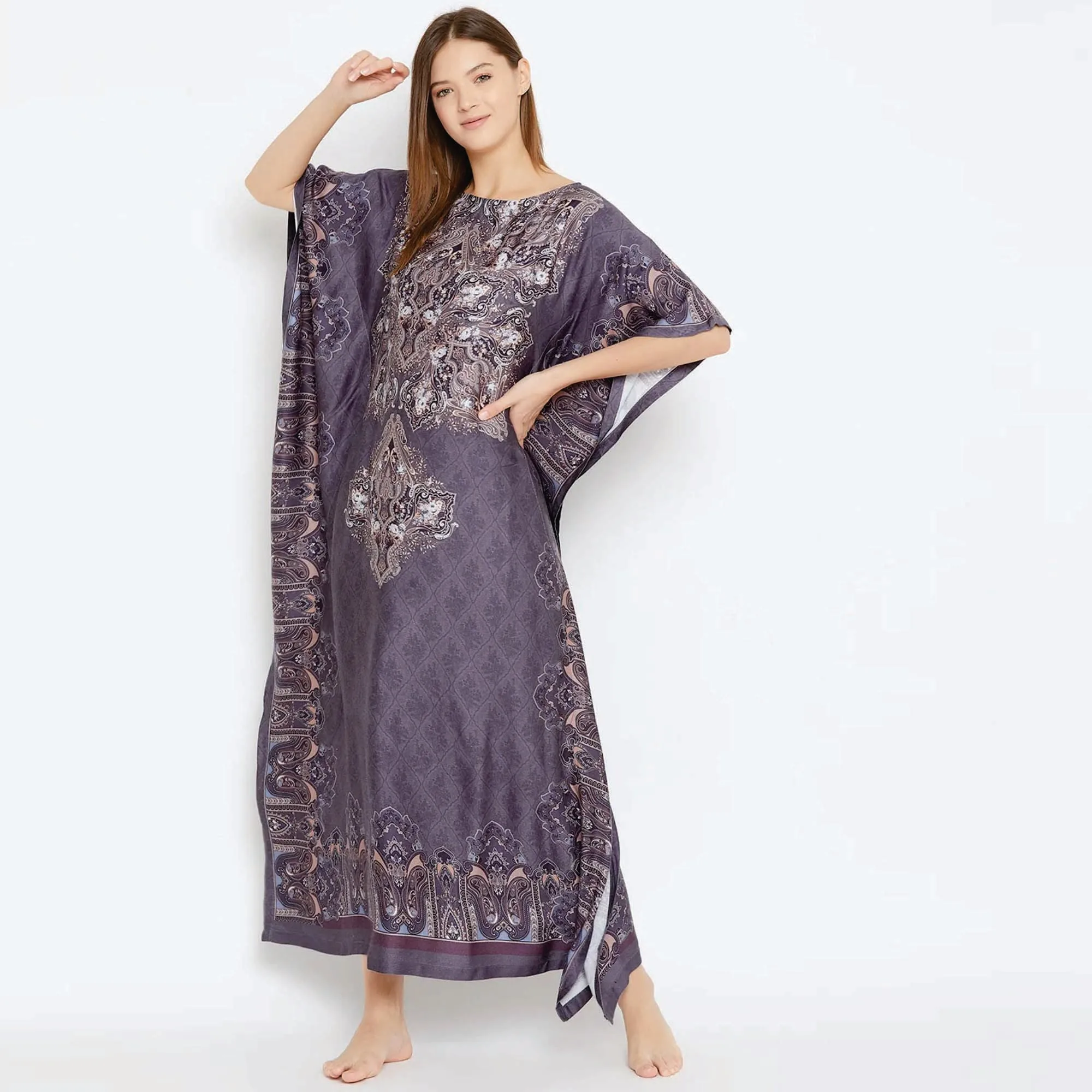 Slim Fit Boat Neck Short Extended Sleeves Viscose Rayon Regal Motif Printed Grey Maxi Kaftan