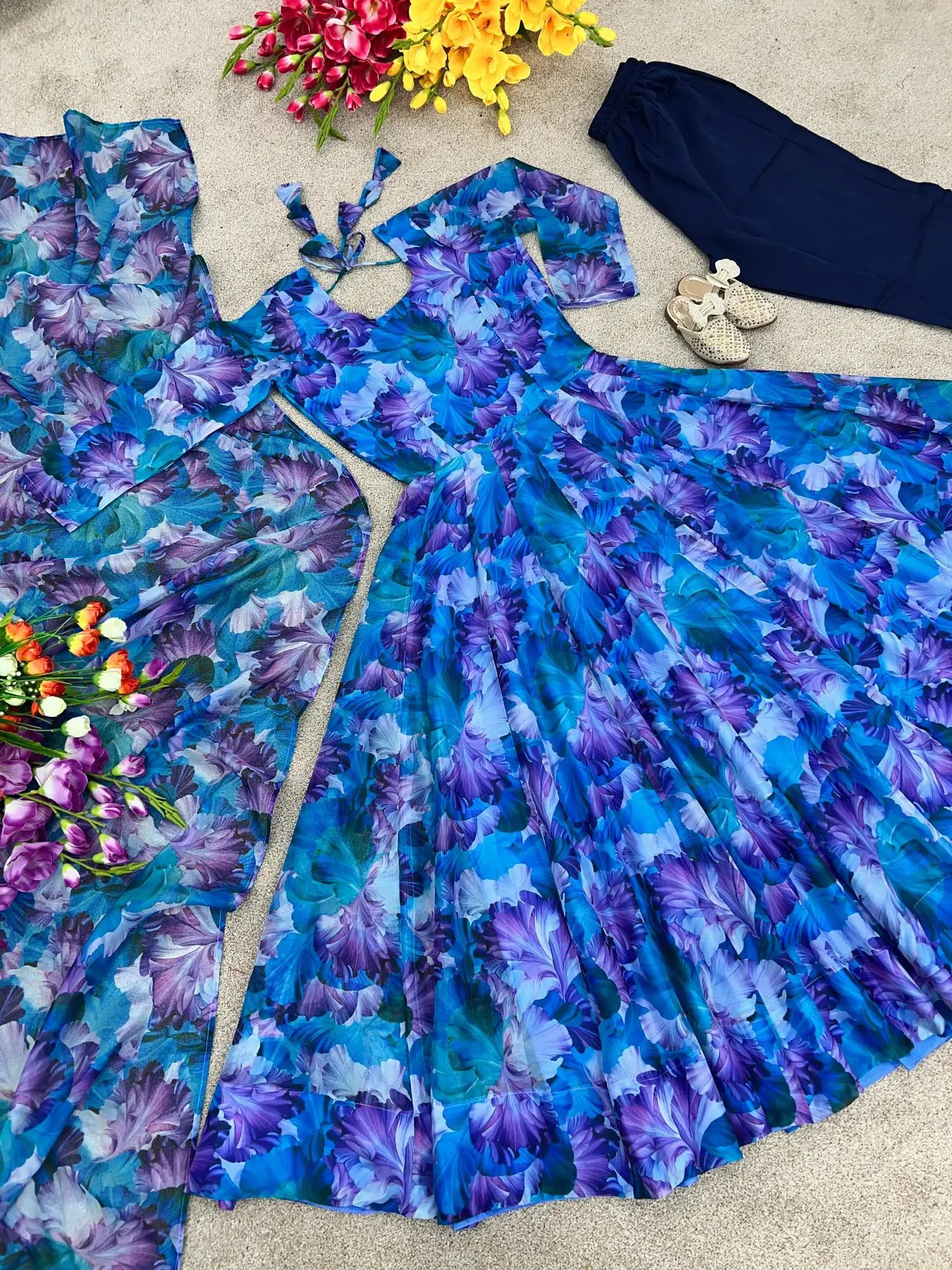 New Party Wear Anarkali Tabby Organza Silk With Digital Print Work Gown With Dupatta Ready to Wear for Women Bollywood Dress