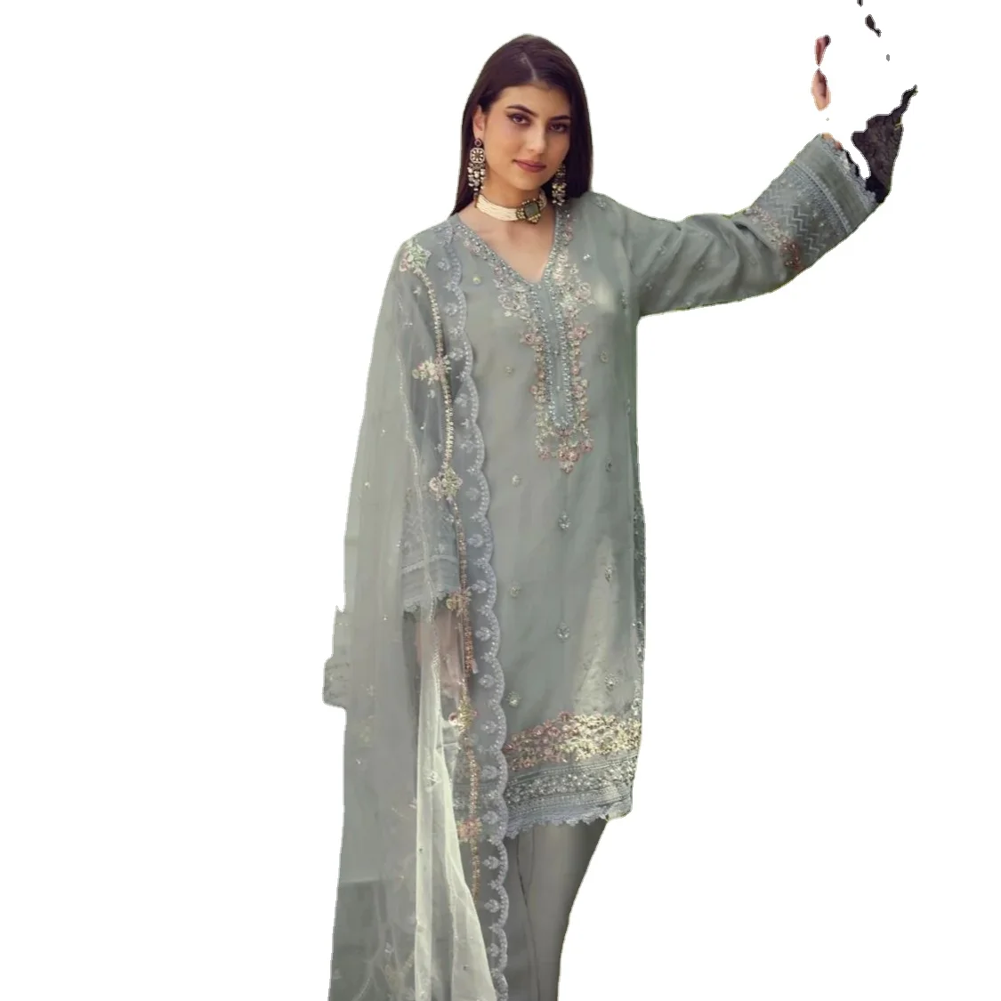 Top or-ganja with viscose silk bottom with net embroidered work dupatta  kurti set