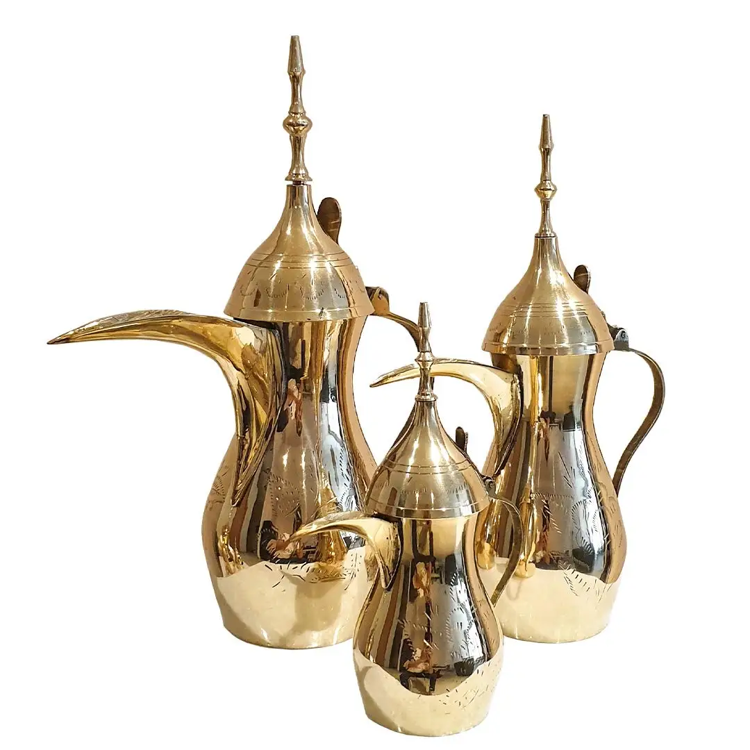 Customized Arabic Coffee Dallah Sets Coffee Pot Cawa Cups Base Sets Long Spout Dallah Tea Pot Brass Metal Coffee Tea Pot Dallah