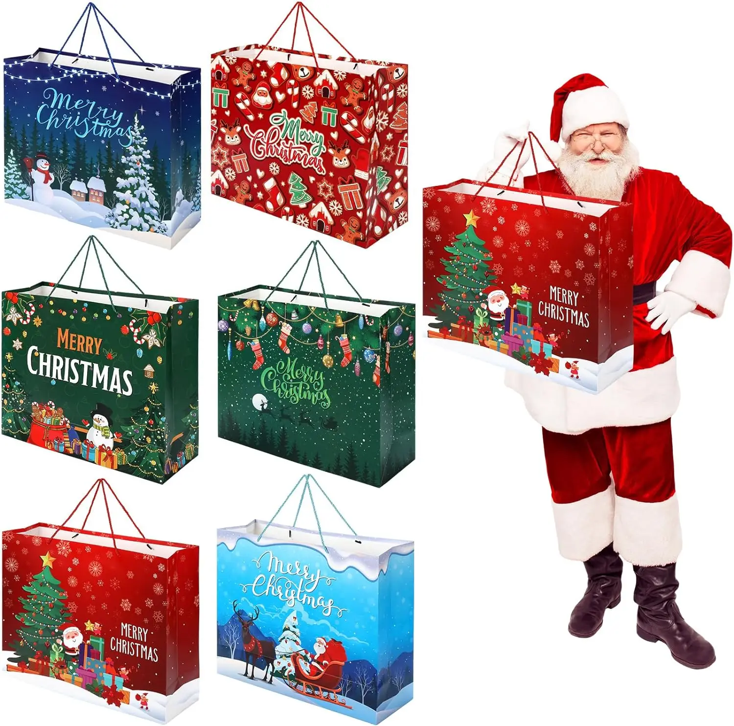 Christmas Extra Large Gift Bag with 6 Designs Shopping Gift Bags with Handles Paper Hand Bag for Xmas Gift