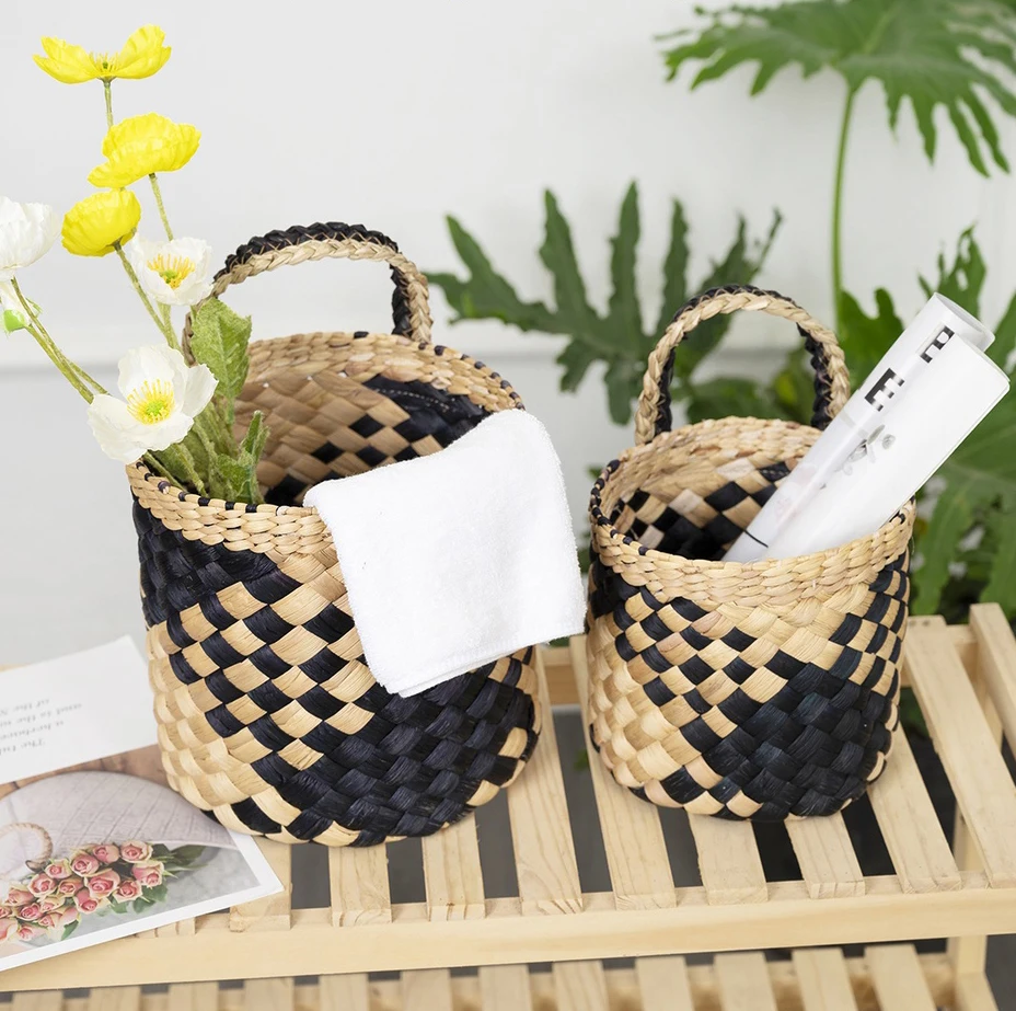 Black Natural Chain Hanging Planter Water Hyacinth Straw Basket Wall Decorative Hanging Basket Home Flowers Laundry Bags Baskets