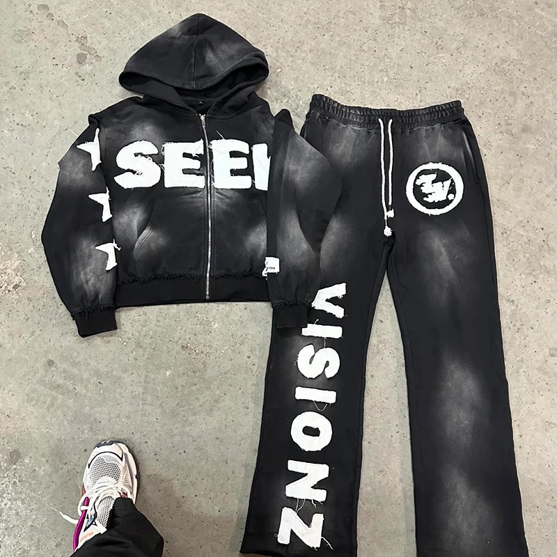 Customized Cotton Two Piece Applique Patch Embroidered Flared Sweatpants and Hoodie Street Oversized Acid Wash Sweatsuit
