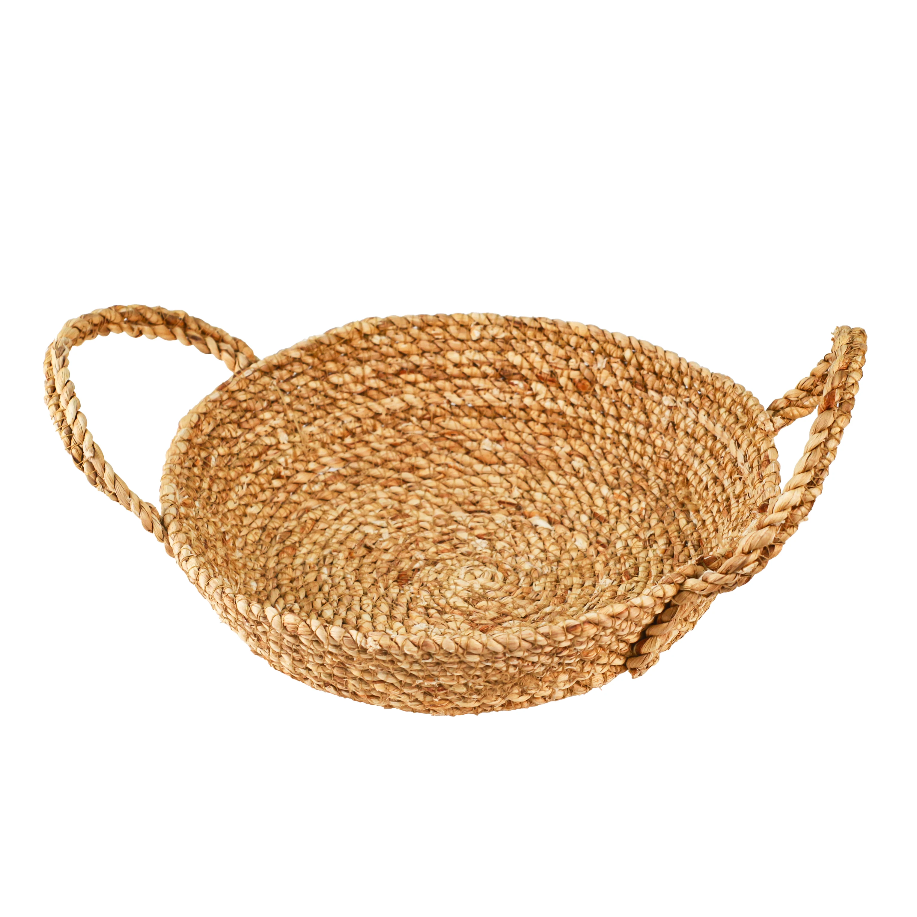 Storage tray made from durable natural water hyacinth material with 2 handles and convenient round design made in Vietnam